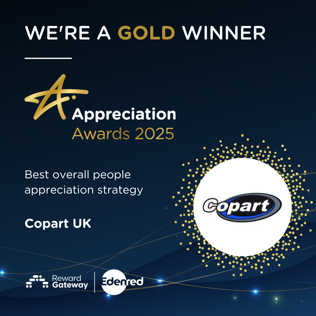 Global leader in online vehicle remarketing and recycling, Copart UK, has been presented with the Gold Award for Best Overall People Appreciation Strategy at the 2025 Appreciation Awards hosted by Reward Gateway | Edenred.